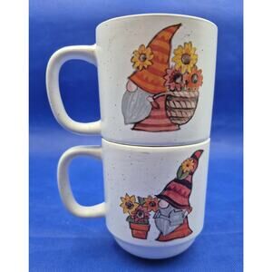 GNOMES & FLOWERS 2 Stackable Stoneware Mugs Speckled White w/Brown Interior 14oz